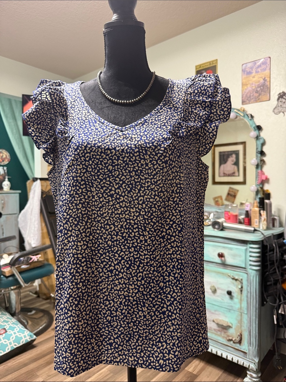 Navy and Cream Ruffle Sleeve V-Neck Dress